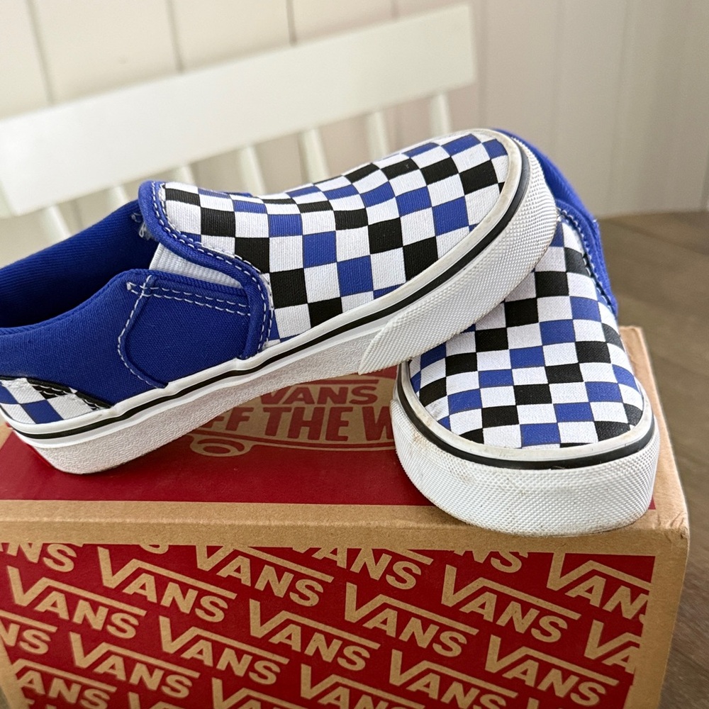 Vans Classic Blue and Black Checkered Slip-Ons